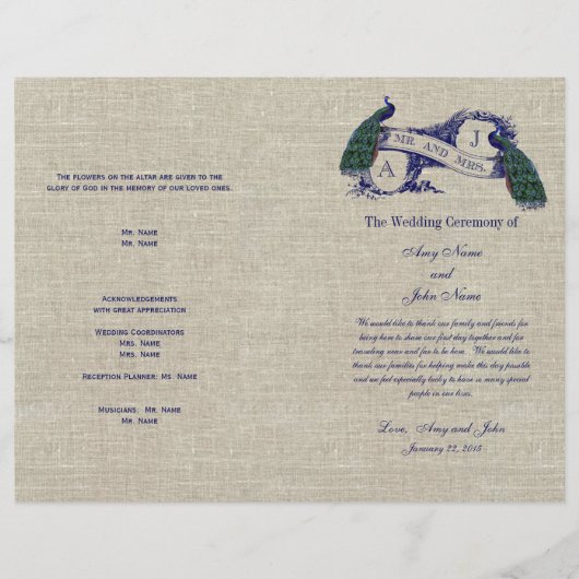Jute Leinen Pfauen Rustikales Hochzeitsprogramm (Vorderseite)