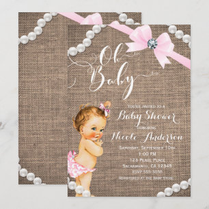 Jute & Perlen Rosa Schleife Mädchen Baby Shower Einladung