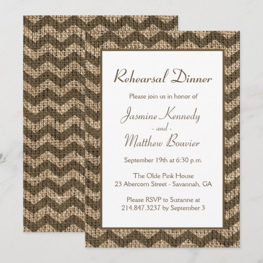 Jute-Probe-Dinner Brauner Chevron Rustikal Einladung (Vorne/Hinten)