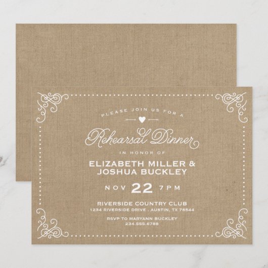 Jute-Rustikal-Vintage-Script Probe-Dinner Einladung (Vorne/Hinten)