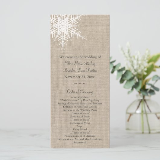 Jute-Schneeflocken-Hochzeitsprogramm Programm (Stehend Vorderseite)