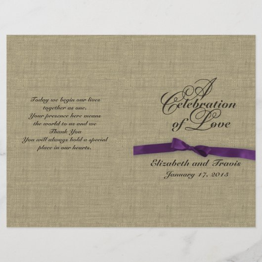 Jute und lila Schleife Hochzeitsprogramm (Vorderseite)