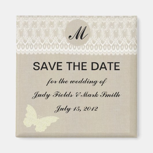 Jute und Spitze Monogramm Save The Date Magnet (Vorne)