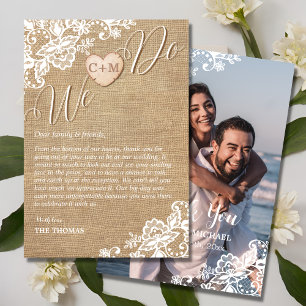 Jute und Spitze Rustikale Landhochzeit Dankeskarte