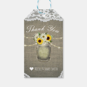 Jutegarn-Sonnenblumen und Gänseblümchen im Mason-G Geschenkanhänger