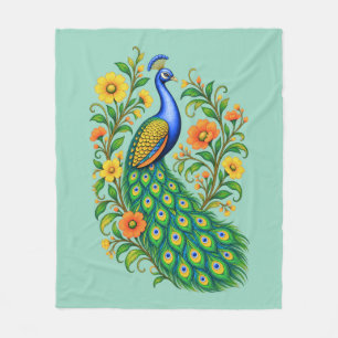 Juwel-farbene Art Nouveau Pfau und Blumen  Fleecedecke