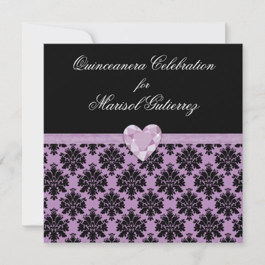 Juwel-Herz Quinceanera Einladung KRW lila (Vorderseite)