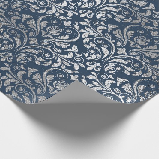 Juwelen Royal Ornament Damask Blue Navy Silver Geschenkpapier (Ecke)