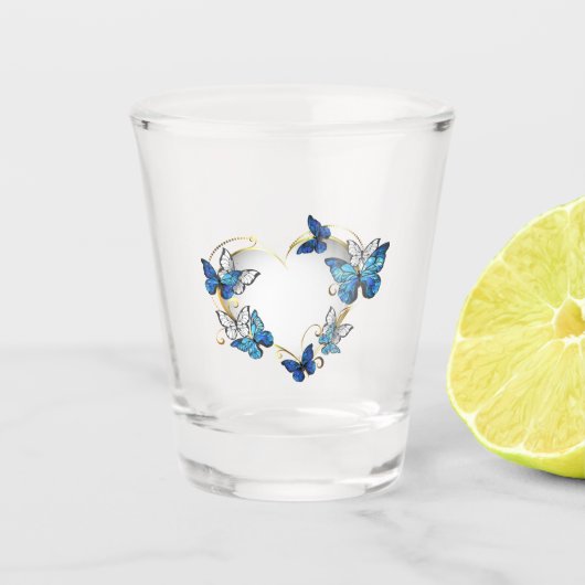 Juwelenherz mit Schmetterlingen Morpho Schnapsglas (Vorderseite)