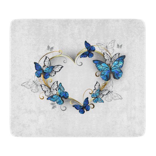 Juwelenherz mit Schmetterlingen Morpho Schneidebrett (Vorderseite)
