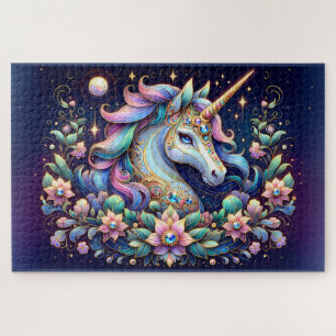 Juwelgetönte Einhorn-Blumenfantasie Puzzle