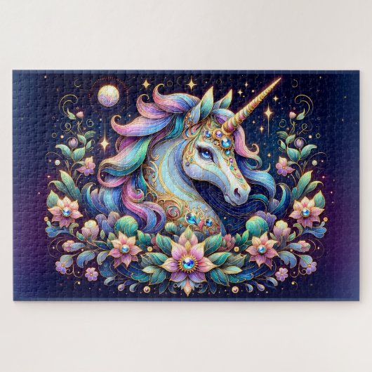 Juwelgetönte Einhorn-Blumenfantasie Puzzle (Horizontal)