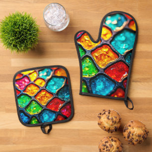 Juwelton-Leuchtglas-Kunst-Glow-Design Ofenhandschuh & Topflappen-Set