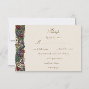 Juweltonige Vintage-Blumen-Pfauen-Hochzeitsfeier RSVP Karte