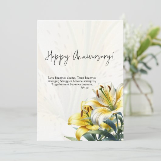 JW Happy Jubiläumskarte Gelbe und weiße Lilien Dankeskarte (Stehend Vorderseite)