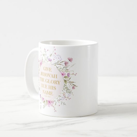 JW-Jahr 2025 Text Psalm 96:8 Delikate Blume Kaffeetasse (Vorderseite Links)