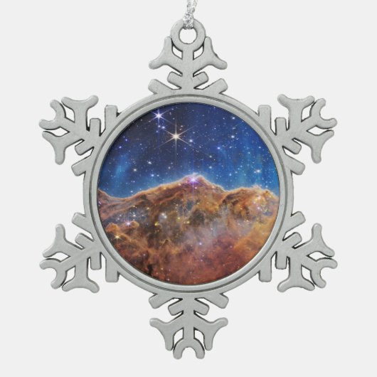JWST James Webb Space Telescope Kosmic Cliffs Schneeflocken Zinn-Ornament (Vorderseite)