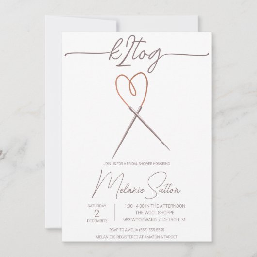 k2tog, Knittern, Brautparty für Herzkabelnadeln Einladung (Vorderseite)