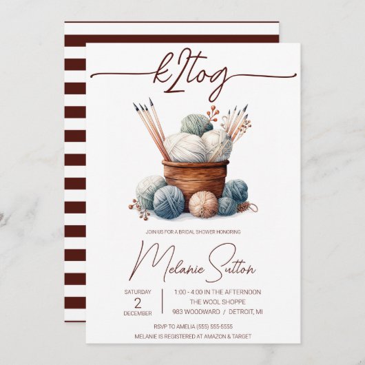 k2tog, Knitting, Körbe aus Garn, Brautparty Einladung (Vorne/Hinten)