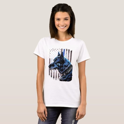 K9 Deutsche Schäferpolizei Dog Thin Blue Line Flag T-Shirt (Vorne ganz)