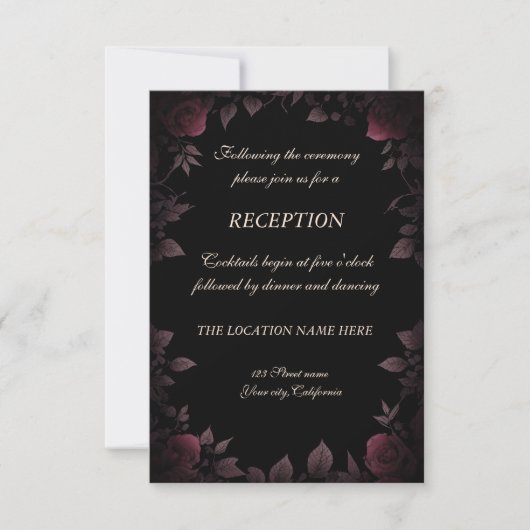 k Dark Burgundy Rose Black Wedding Reception Einladung (Vorderseite)