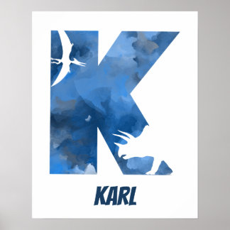 "K" Dinosaurier Watercolor Blue Child's Name Poste Poster