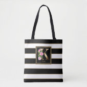 K Gold Floral Monogram | Schwarz-weiße Streifen Tasche (Vorderseite)
