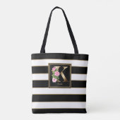K Gold Floral Monogram | Schwarz-weiße Streifen Tasche (Rückseite)