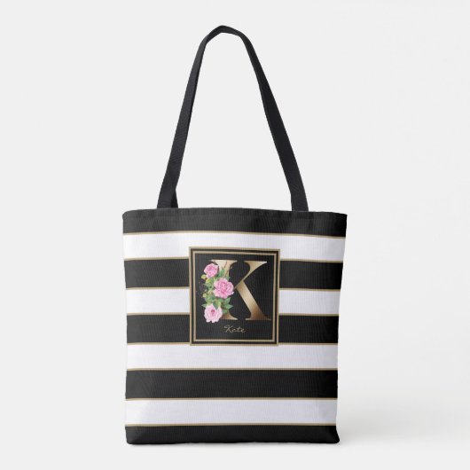 K Gold Floral Monogram | Schwarz-weiße Streifen Tasche (Rückseite)