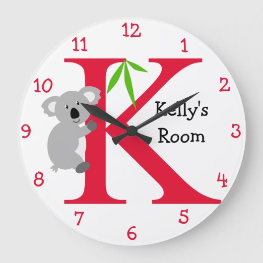 K ist für Koala-und der Kelly-Kinder Schlafzimmer Große Wanduhr (Vorderseite)