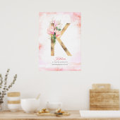 K Letter Monogram Gold Blätter Pink Magnolia Flora Poster (Küche)