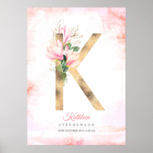 K Letter Monogram Gold Blätter Pink Magnolia Flora Poster