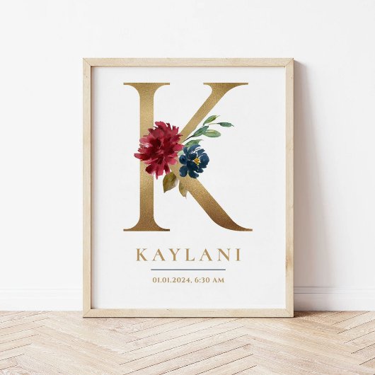 K Letter Monogram Name Marsala Floral Kinderzimmer Poster