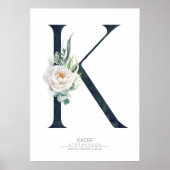 K Letter Monogram Weiße Blume und Grüne Poster (Vorne)