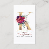 K Monogram Burgundy Red Florals und Gold Glitzer Visitenkarte (Vorderseite)