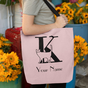 K Monogram Cat Lover Blush Pink And Black Tote Bag Tasche