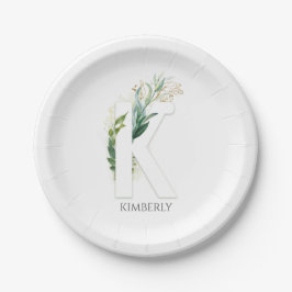 K Monogram Gold Greenerity Blätter Eleganter Name Pappteller