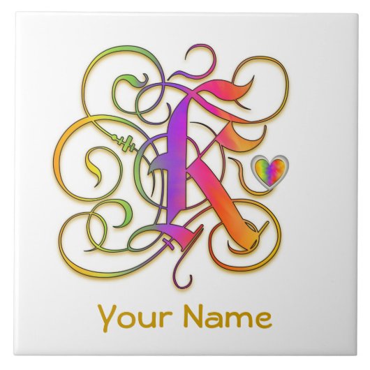 K Monogram, Ihr Name "Gothic Rainbow" Keramik Tile Fliese (Vorderseite)