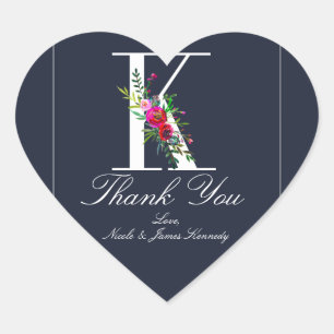 K Monogram Letzter Initiale Moderne Blaue Florale  Herz-Aufkleber