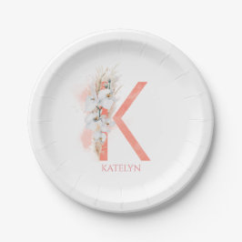 K Monogram Name Pampas Grass White Orchias Pappteller