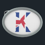 K Monogram überlagert sich auf der Flagge der Unio Ovale Gürtelschnalle<br><div class="desc">K Monogram überlagert sich auf Union Jack Flag Belt Buckle Design © Trinkets and Things 2017 - AHP Design. Alle Rechte vorbehalten. 030417</div>