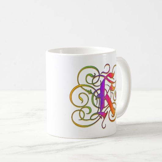 K-Monogramm-"gotischer Regenbogen-" Tassenschalen Kaffeetasse (VorderseiteRechts)