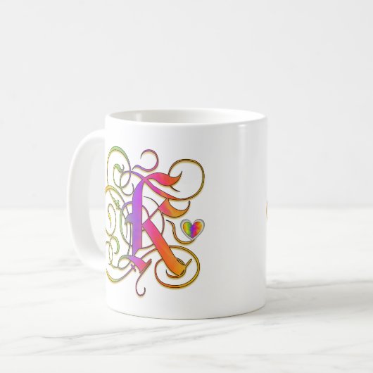 K-Monogramm-"gotischer Regenbogen-" Tassenschalen Kaffeetasse (Vorderseite Links)