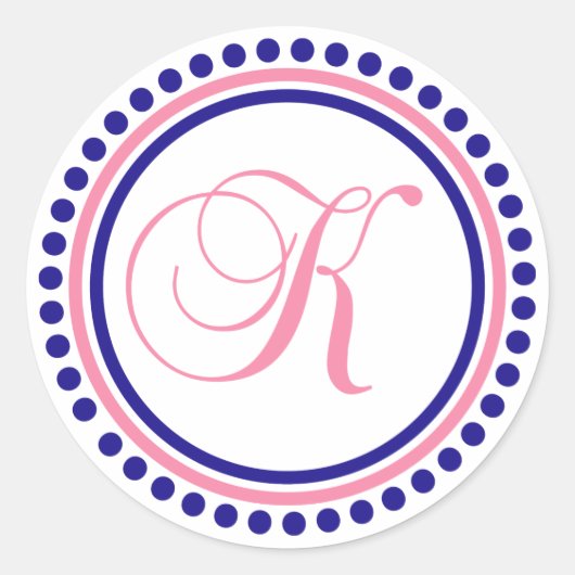 K Monogramm (Navy Blue/Pink Dot Circle) Runder Aufkleber (Vorderseite)
