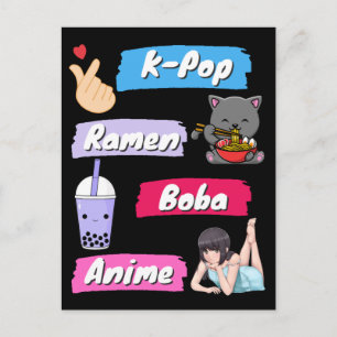 K-Pop, Ramen, Boba und Anime Pop Culture Fan Postkarte