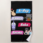 K-Pop, Ramen, Boba und Anime Pop Culture Fan Strandtuch (Vorderseite)