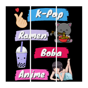 K-Pop, Ramen, Boba und Anime Pop Culture Fan Triptychon