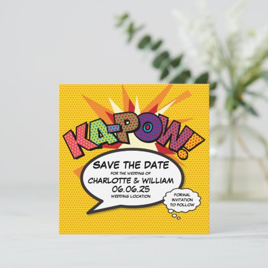 KA-POW Save the Date Spaß Retro Comic Pop Kunst (Stehend Vorderseite)