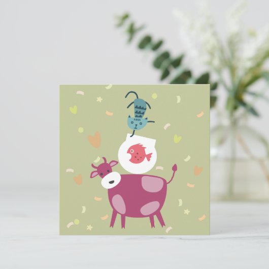 kaart beterschap, tekening koe, vis in kom karte (Stehend Vorderseite)