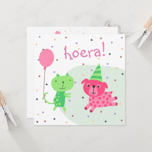 kaart felicitatie poes hond en ballon karte (Vorderseite/Rückseite Beispiel)